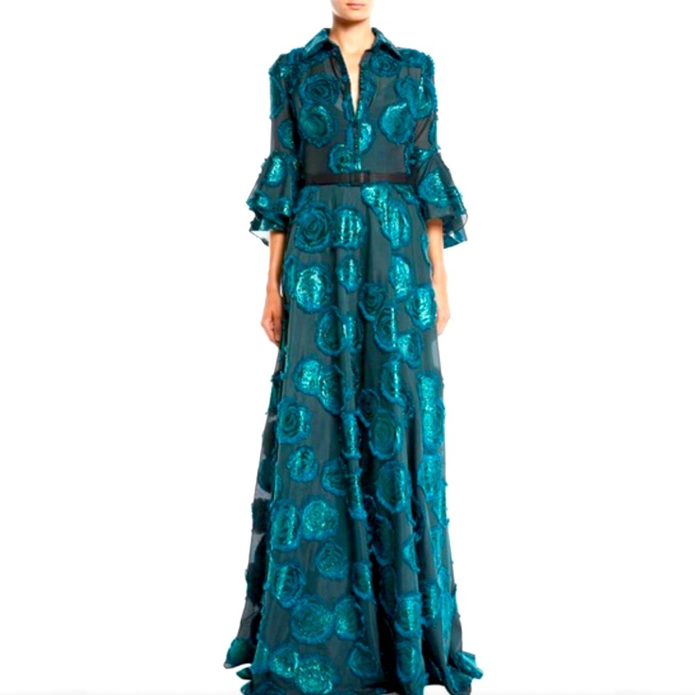 Badgley Mischka Floral Fil-Coupe Shirtwaist Bell Sleeve Gown / Size 4